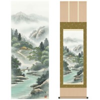 掛け軸 床の間 モダン 和風 尺三 山水画掛軸 彩色山水 緑風水明 伊藤 渓山 三美会 約44.5 164cm 洛彩緞子本表装 10年間保証   収納箱 防虫香 風鎮 付き 1/15以降順次発送