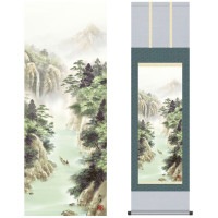 掛け軸 床の間 モダン 和風 尺三 山水画掛軸 彩色山水 清風水明 田口 紅洋 幸洋会 約44.5 164cm 洛彩緞子本表装 10年間保証   収納箱 防虫香 風鎮 付き 1/15以降順次発送