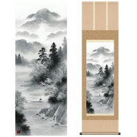 掛け軸 床の間 モダン 和風 尺三 山水画掛軸 水墨山水 閑雅悠景 江本 修山 洛友会 約44.5 164cm 洛彩緞子本表装 10年間保証   収納箱 防虫香 風鎮 付き 1/15以降順次発送