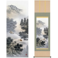 掛け軸 床の間 モダン 和風 尺三 山水画掛軸 水墨山水 閑雅悠景 長江 桂舟 三美会 約44.5 164cm 洛彩緞子本表装 10年間保証   収納箱 防虫香 風鎮 付き 1/15以降順次発送