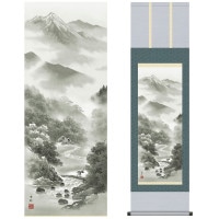 掛け軸 床の間 モダン 和風 尺三 山水画掛軸 水墨山水 山河幽寂 中山 雪邨 三美会 約44.5 164cm 洛彩緞子本表装 10年間保証   収納箱 防虫香 風鎮 付き 1/15以降順次発送