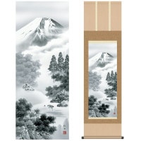 掛け軸 床の間 モダン 和風 尺三 山水画掛軸 富士山水 富士閑景 長江 桂舟 三美会 約44.5 164cm 洛彩緞子本表装 10年間保証   収納箱 防虫香 風鎮 付き 1/15以降順次発送