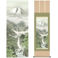 掛け軸 床の間 モダン 和風 尺三 山水画掛軸 富士山水 富峰渓谷 伊藤 渓山 三美会 約44.5 164cm 洛彩緞子本表装 10年間保証   収納箱 防虫香 風鎮 付き 1/15以降順次発送