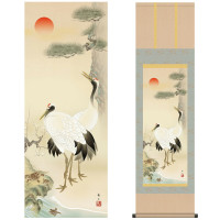 掛け軸 床の間 モダン 和風 尺三 慶祝画掛軸 松竹梅鶴亀 鈴村 秀山 三美会 約44.5 164cm 洛彩緞子本表装 10年間保証   収納箱 防虫香 風鎮 付き 1/15以降順次発送