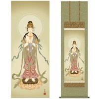 掛け軸 床の間 モダン 和風 仏事掛軸 尺三 観音 聖観音 清水 雲峰 三美会 約44.5 164cm 洛彩緞子佛表装 10年間保証 収納箱 防虫香 風鎮 付き 1/15以降順次発送