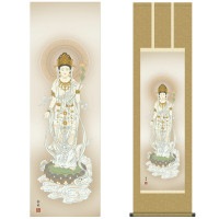 掛け軸 床の間 モダン 和風 仏事掛軸 尺三 観音 白衣観音 阿部 静雅 竹翠会 約44.5 164cm 洛彩緞子丸表装 10年間保証   収納箱 防虫香 風鎮 付き 1/15以降順次発送