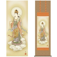 掛け軸 床の間 モダン 和風 仏事掛軸 尺三 観音 雲上観音 鈴木 翠朋 白翠会 約44.5 164cm 洛彩緞子佛表装 10年間保証 収納箱 防虫香 風鎮 付き 1/15以降順次発送