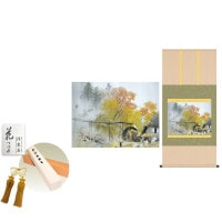 掛け軸 床の間 モダン 和風 尺五 彩雨 川合玉堂 洛彩緞子本表装 約54.5 115cm 新絹本 10年間保証   収納箱 防虫香 風鎮 付き 1/15以降順次発送