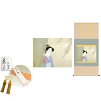 掛け軸 床の間 モダン 和風 尺五 涼風 上村松園 洛彩緞子本表装 約54.5 115cm 新絹本 10年間保証   収納箱 防虫香 風鎮 付き 1/15以降順次発送