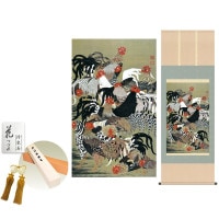 掛け軸 床の間 モダン 和風 尺五 群鶏図 伊藤若冲 洛彩緞子本表装 約54.5 153cm 新絹本 10年間保証   収納箱 防虫香 風鎮 付き 1/15以降順次発送