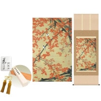 掛け軸 床の間 モダン 和風 尺五 紅葉小禽図 伊藤若冲 洛彩緞子本表装 約54.5 153cm 新絹本 10年間保証   収納箱 防虫香 風鎮 付き 1/15以降順次発送