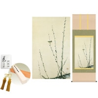 掛け軸 床の間 モダン 和風 尺五 猫柳に小禽 速水御舟 洛彩緞子本表装 約54.5 153cm 新絹本 10年間保証   収納箱 防虫香 風鎮 付き 1/15以降順次発送