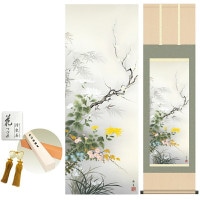 掛け軸 床の間 モダン 和風 四君子 北山歩生 洛彩緞子本表装 約44.5 164cm 新絹本 10年間保証   収納箱 防虫香 風鎮 付き 1/15以降順次発送
