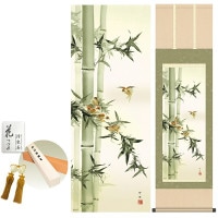 掛け軸 床の間 モダン 和風 竹に雀 田村竹世 洛彩緞子本表装 約44.5 164cm 新絹本 10年間保証   収納箱 防虫香 風鎮 付き 1/15以降順次発送