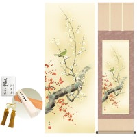 掛け軸 床の間 モダン 和風 紅白梅に鶯 田村竹世 洛彩緞子本表装 約44.5 164cm 新絹本 10年間保証   収納箱 防虫香 風鎮 付き 1/15以降順次発送