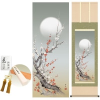 掛け軸 床の間 モダン 和風 朧月紅白梅 北山歩生 洛彩緞子本表装 約44.5 164cm 新絹本 10年間保証   収納箱 防虫香 風鎮 付き 1/15以降順次発送