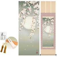 掛け軸 床の間 モダン 和風 夜桜 緒方葉水 洛彩緞子本表装 約44.5 164cm 新絹本 10年間保証   収納箱 防虫香 風鎮 付き 1/15以降順次発送