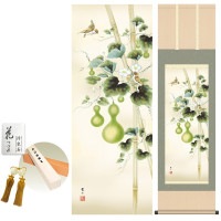 掛け軸 床の間 モダン 和風 六瓢 唐沢碧山 洛彩緞子本表装 約44.5 164cm 新絹本 10年間保証   収納箱 防虫香 風鎮 付き 1/15以降順次発送