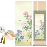 掛け軸 床の間 モダン 和風 紫陽花 高見蘭石 洛彩緞子本表装 約44.5 164cm 新絹本 10年間保証   収納箱 防虫香 風鎮 付き 1/15以降順次発送