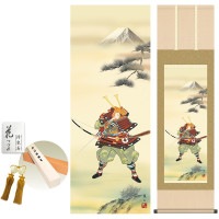 掛け軸 床の間 モダン 和風 大成武者 榎本東山 洛彩緞子本表装 約44.5 164cm 新絹本 10年間保証   収納箱 防虫香 風鎮 付き 1/15以降順次発送