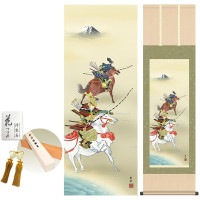 掛け軸 床の間 モダン 和風 大成武者 阿部静雅 洛彩緞子本表装 約44.5 164cm 新絹本 10年間保証   収納箱 防虫香 風鎮 付き 1/15以降順次発送