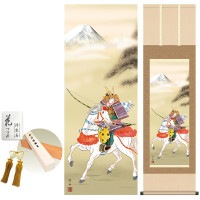 掛け軸 床の間 モダン 和風 白馬武者 長江桂舟 洛彩緞子本表装 約44.5 164cm 新絹本 10年間保証   収納箱 防虫香 風鎮 付き 1/15以降順次発送