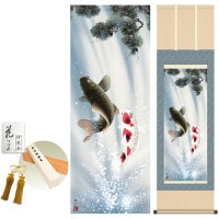 掛け軸 床の間 モダン 和風 夫婦滝昇鯉 森山 観月 洛彩緞子本表装 約44.5 164cm 新絹本 10年間保証   収納箱 防虫香 風鎮 付き 1/15以降順次発送