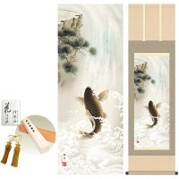 掛け軸 床の間 モダン 和風 昇鯉 長江桂舟 洛彩緞子本表装 約44.5 164cm 新絹本 10年間保証   収納箱 防虫香 風鎮 付き 1/15以降順次発送