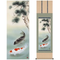 掛け軸 床の間 モダン 和風 尺三 端午の節句 松下遊鯉 長江 桂舟 三美会 約44.5 164cm 洛彩緞子本表装 10年間保証   収納箱 防虫香 風鎮 付き 1/15以降順次発送