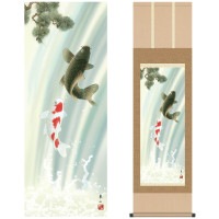 掛け軸 床の間 モダン 和風 尺三 端午の節句 夫婦滝昇鯉 榎本 東山 竹翠会 約44.5 164cm 洛彩緞子本表装 10年間保証   収納箱 防虫香 風鎮 付き 1/15以降順次発送