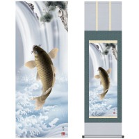 掛け軸 床の間 モダン 和風 尺三 端午の節句 大昇鯉 森山 観月 三美会 約44.5 164cm 洛彩緞子本表装 10年間保証   収納箱 防虫香 風鎮 付き 1/15以降順次発送