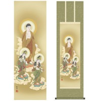 掛け軸 床の間 モダン 和風 仏事掛軸 尺三 三尊佛 阿弥陀三尊佛 北条 裕華 草夕会 約44.5 164cm 洛彩緞子丸表装 10年間保証   収納箱 防虫香 風鎮 付き 1/15以降順次発送