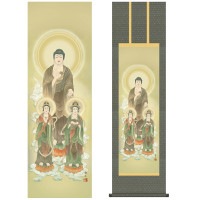 掛け軸 床の間 モダン 和風 仏事掛軸 尺三 三尊佛 阿弥陀三尊佛 高見 蘭石 三美会 約44.5 164cm 洛彩緞子丸表装 10年間保証   収納箱 防虫香 風鎮 付き 1/15以降順次発送