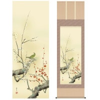 掛け軸 床の間 モダン 和風 尺五 花鳥掛軸 四季花鳥 四季競艶 春 紅白梅に鶯 北山 歩生 三美会 約54.5cm 190cm 洛彩緞子本表装 10年間保証 収納箱 防虫香 風鎮 付き 1/15以降順次発送