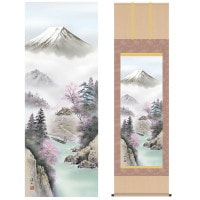 掛け軸 床の間 モダン 和風 尺五 山水画掛軸 四季山水 四季富情 春 富士来春 伊藤 渓山 三美会 約54.5cm 190cm 洛彩緞子本表装 10年間保証 収納箱 防虫香 風鎮 付き 1/15以降順次発送