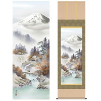 掛け軸 床の間 モダン 和風 尺五 山水画掛軸 四季山水 四季富情 秋 富士紅染 伊藤 渓山 三美会 約54.5cm 190cm 洛彩緞子本表装 10年間保証 収納箱 防虫香 風鎮 付き 1/15以降順次発送