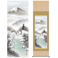 掛け軸 床の間 モダン 和風 尺五 山水画掛軸 四季山水 四季富情 冬 富士厳寒 伊藤 渓山 三美会 約54.5cm 190cm 洛彩緞子本表装 10年間保証 収納箱 防虫香 風鎮 付き 1/15以降順次発送