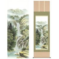 掛け軸 床の間 モダン 和風 尺五 山水画掛軸 四季山水 四季憧憬 夏 清風落瀧 伊藤 渓山 三美会 約54.5cm 190cm 洛彩緞子本表装 10年間保証 収納箱 防虫香 風鎮 付き 1/15以降順次発送