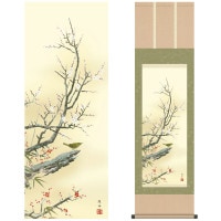 掛け軸 床の間 モダン 和風 尺三 花鳥掛軸 四季花鳥 四季薫風 春 紅白梅に鶯 長江 桂舟 三美会 約44.5 164cm 洛彩緞子本表装 10年間保証   収納箱 防虫香 風鎮 付き 1/15以降順次発送