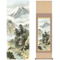 掛け軸 床の間 モダン 和風 尺三 山水画掛軸 四季山水 四季霊峰 春 富峰爛漫 中山 雪邨 三美会 約44.5 164cm 洛彩緞子本表装 10年間保証   収納箱 防虫香 風鎮 付き 1/15以降順次発送