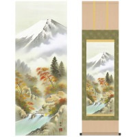 掛け軸 床の間 モダン 和風 尺三 山水画掛軸 四季山水 四季霊峰 秋 富峰染秋 中山 雪邨 三美会 約44.5 164cm 洛彩緞子本表装 10年間保証   収納箱 防虫香 風鎮 付き 1/15以降順次発送