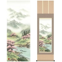 掛け軸 床の間 モダン 和風 尺三 山水画掛軸 四季山水 四季幽厳 春 桜花潤春 田口 紅洋 幸洋会 約44.5 164cm 洛彩緞子本表装 10年間保証   収納箱 防虫香 風鎮 付き 1/15以降順次発送