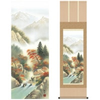 掛け軸 床の間 モダン 和風 尺三 山水画掛軸 四季山水 四季幽厳 秋 紅葉渓谷 田口 紅洋 幸洋会 約44.5 164cm 洛彩緞子本表装 10年間保証   収納箱 防虫香 風鎮 付き 1/15以降順次発送