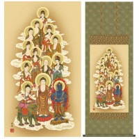 掛け軸 床の間 モダン 和風 仏事掛軸 尺五 十三佛 清水 雲峰 三美会 54.5cm 約150cm 洛彩緞子佛表装 10年間保証 収納箱 防虫香 風鎮 付き 1/15以降順次発送