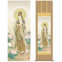 掛け軸 床の間 モダン 和風 仏事掛軸 尺五 観音 蓮上観音 小川 伯堂 洛友会 約54.5cm 190cm 洛彩緞子佛表装 10年間保証 収納箱 防虫香 風鎮 付き 1/15以降順次発送