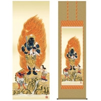 掛け軸 床の間 モダン 和風 仏事掛軸 尺五 仏関連画 不動明王 田村 竹世 三美会 約54.5cm 190cm 洛彩緞子佛表装 10年間保証 収納箱 防虫香 風鎮 付き 1/15以降順次発送