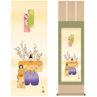 掛け軸 床の間 モダン 和風 尺三 桃の節句 立雛 森山 観月 三美会 約44.5 164cm 洛彩緞子本表装 10年間保証   収納箱 防虫香 風鎮 付き 1/15以降順次発送