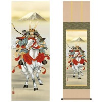 掛け軸 床の間 モダン 和風 尺三 端午の節句 白馬武者 長江 桂舟 三美会 約44.5 164cm 洛彩緞子本表装 10年間保証   収納箱 防虫香 風鎮 付き 1/15以降順次発送