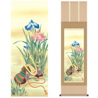 掛け軸 床の間 モダン 和風 尺三 端午の節句 兜と菖蒲 鈴木 仙草 弥栄会 約44.5 164cm 洛彩緞子本表装 10年間保証   収納箱 防虫香 風鎮 付き 1/15以降順次発送