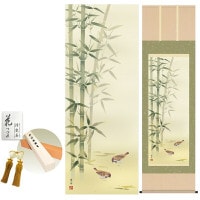 掛け軸 床の間 モダン 和風 尺五 竹に雀 根本葉舟 洛彩緞子本表装 約54.5 190cm 新絹本 10年間保証   収納箱 防虫香 風鎮 付き 1/15以降順次発送